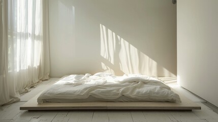 A minimalist-style bedroom with a platform bed, crisp white linens, and minimal decor, creating a peaceful and serene atmosphere for relaxation.