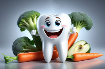 Cartoon cheerful tooth surrounded by vegetables
