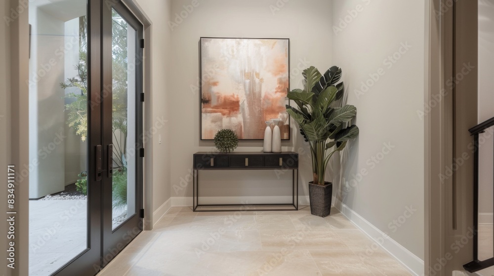 Poster a minimalist-style entrance foyer with a statement-making front door, minimalist console table, and 