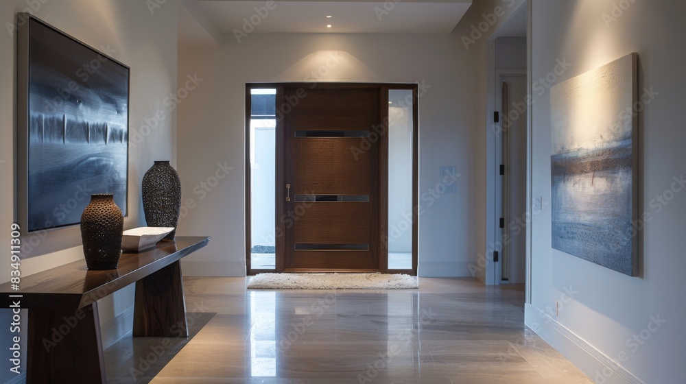 Poster a minimalist-style entrance foyer with a statement-making front door, minimalist console table, and 