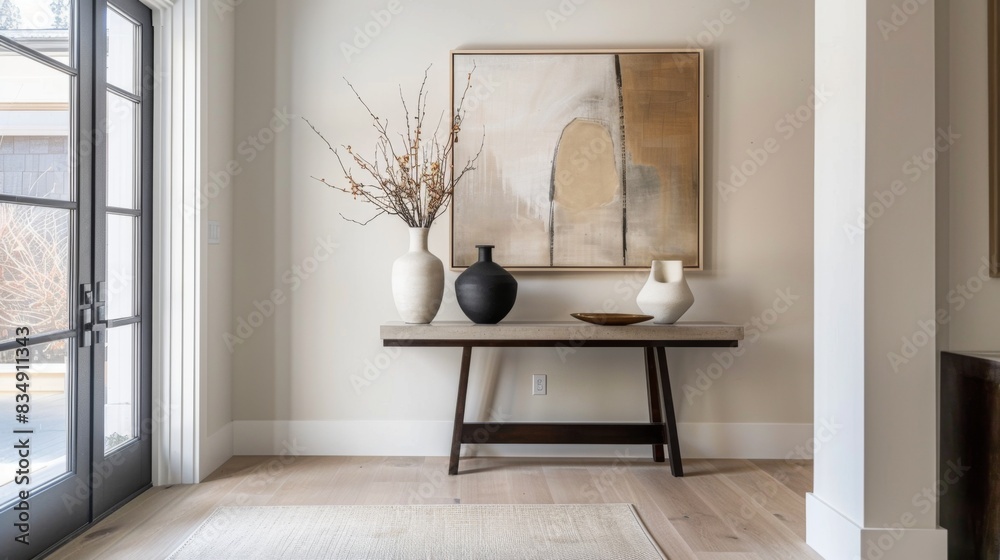 Poster a minimalist-style entrance foyer with a statement-making front door, minimalist console table, and 
