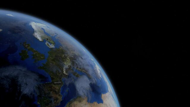 Fly Zoom into Denmark, Copenhagen, Aarhus, through space to see the country map region from above from space. Detailed map Showing area, HD and 4K. Animation.