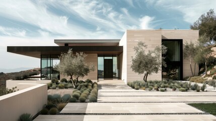 Fototapeta premium A minimalist-style exterior facade with clean lines, neutral colors, and minimalist landscaping, creating a harmonious blend of form and function.