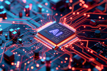 AI computer chip motherboard illustration. Artificial intelligence microchip.