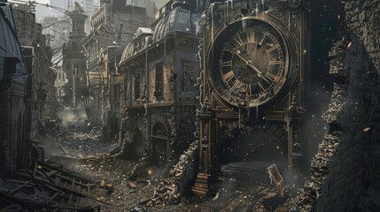 The image shows a post-apocalyptic city with a clock tower.