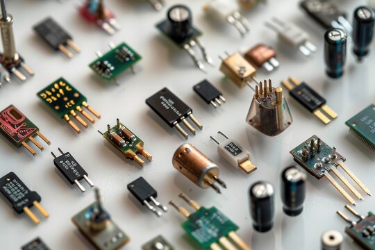 A diverse collection of electronic components scattered on a surface.
