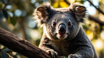 Obraz premium Whiskered Koala Clings to Branch in Sunlit Forest