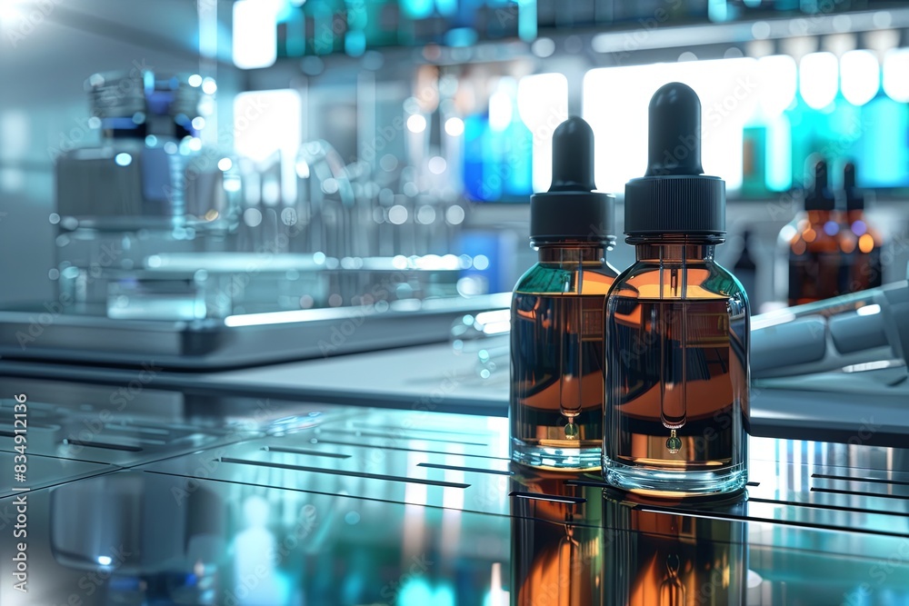 Poster two glass bottles with serum and droppers on a table with laboratory tools. generative ai
