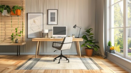 A minimalist-style home office with a minimalist desk, ergonomic chair, and plenty of natural light, creating an inspiring and clutter-free workspace.