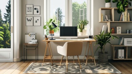 A minimalist-style home office with a minimalist desk, ergonomic chair, and plenty of natural light, creating an inspiring and clutter-free workspace.