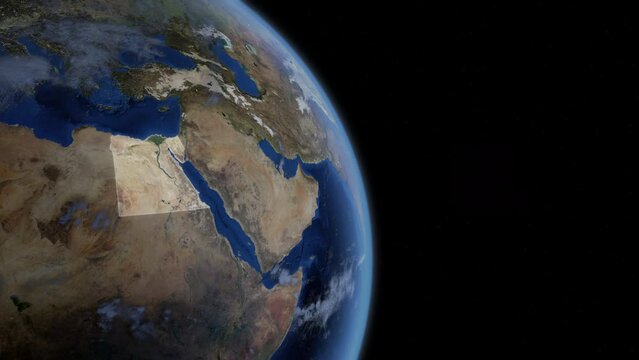 Fly Zoom into Egypt, Cairo, Alexandria, through space to see the country map region from above from space. Detailed map Showing area, HD and 4K. Animation.