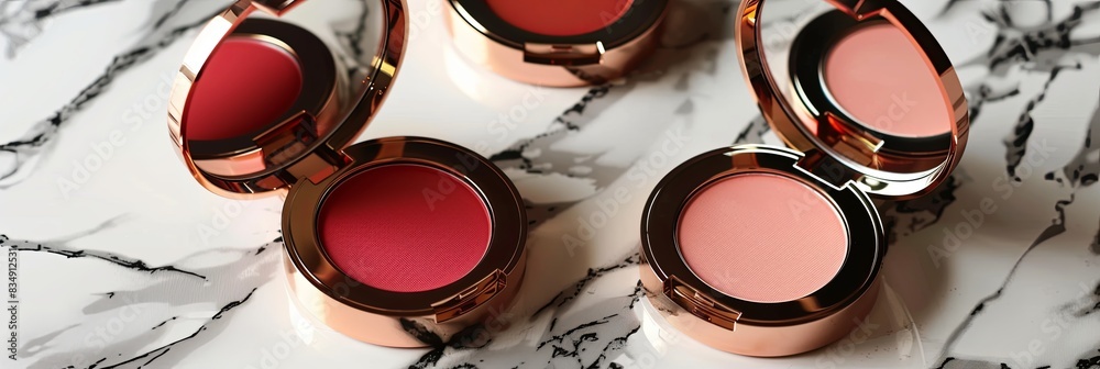 Poster close-up view of compact cases containing blush and powder, arranged on a marble surface. generative