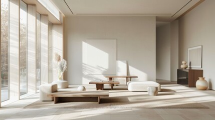 A minimalist-style living room with minimalist furniture, neutral tones, and ample natural light streaming in through floor-to-ceiling windows.