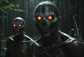 Frightening Undead Creatures With Glowing Eyes Lurking in the Haunted Forest