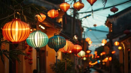 Colorful Lanterns Illuminating an Evening Street in a Traditional Town