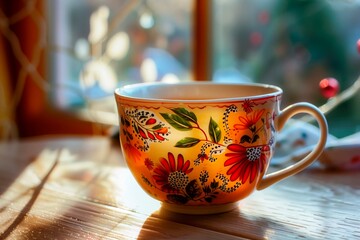 Decorated cup. Hot drink still life. Breakfast concept