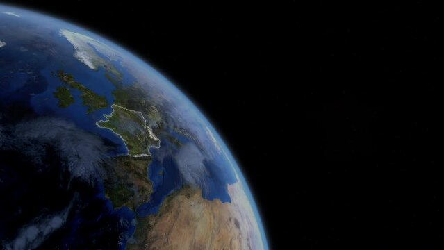 Fly Zoom into France, Paris, Marseille, Lyon, through space to see the country map region from above from space. Detailed map Showing area, HD and 4K. Animation.