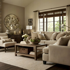 Fototapeta premium A living room bathed in warmth and serenity. The centerpiece is a beige sofa, adorned with plush cushions and throws in a palette of complementary neutrals