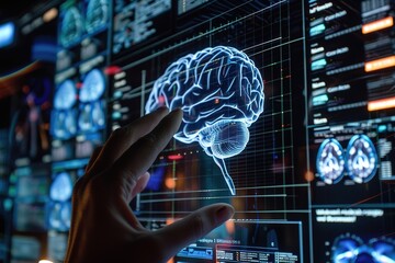 A hand interacts with a futuristic brain interface displaying neural data and graphics.