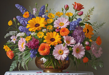 Lively and vibrant botanical bouquet in impressionist painting style