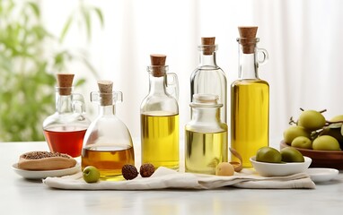 Group of bottles of oil and olives on a background