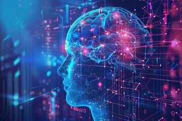 Fototapeta premium Digital representation of a human brain with neural networks and data points.