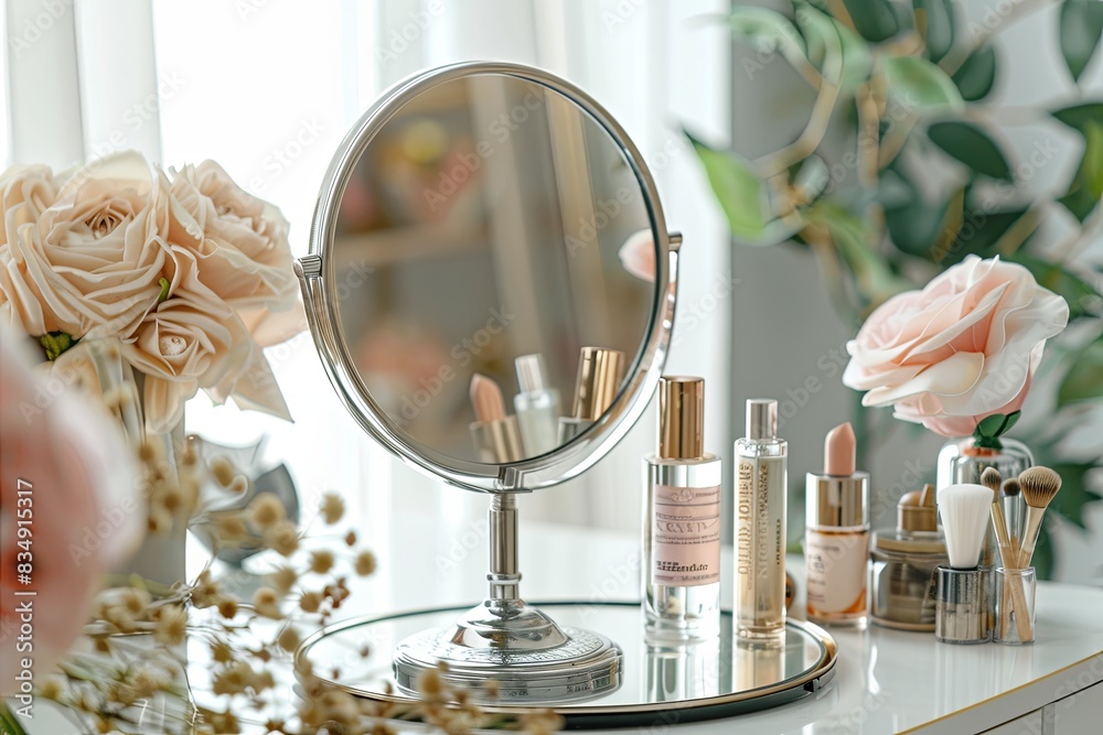 Aufkleber a tabletop mirror with a silver stand is surrounded by various cosmetic products and flowers on a va