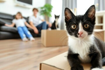Happy family with cats moving to new apartment pet at home boxes package buy property relocation exploring house furniture help rent owner beautiful domestic cat donation charity having fun