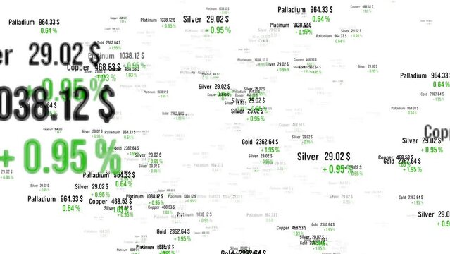 Prices of gold metal, silver, platinum moving up. Commodity trading, precious metals, business, invest, wealth, growth.