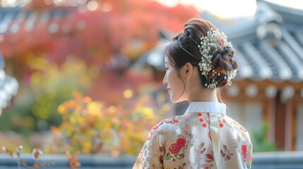 A Korean woman wearing a hanbok in a traditional Korean house