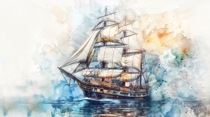 Sailing ship in sea water. Watercolor painting.