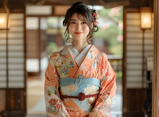 A beautiful Japanese woman wearing a kimono is smiling.