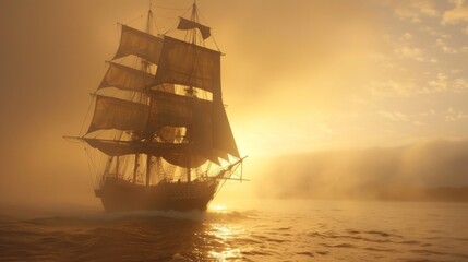 Obraz premium Sailing ship in sea water at sunset.