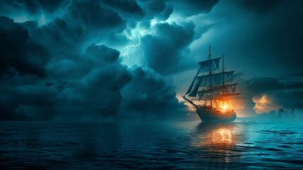 Fototapeta premium Sailing ship in sea water in rain thunderstorm.