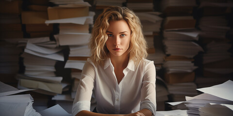 Woman against the background of stacks of documents. Workplace. Heap of work. Archive of documents
