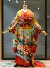 Naklejka premium A kimono with a floral pattern and a red obi sash