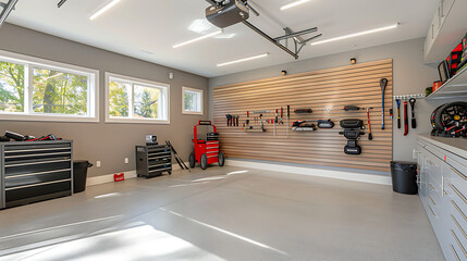 Garage with slat walls, natural light, tools organization and potlights 
