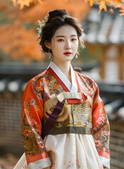 Portrait of a young woman in traditional Korean dress, or Hanbok