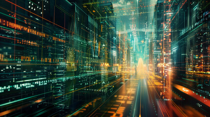 A colorful cityscape with buildings and a sky. The sky is filled with a variety of colors, including blue, red, and yellow. The buildings are tall and have a modern design