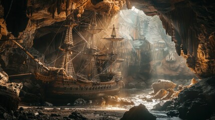A stranded ruin of a vintage medieval sailing ship found in a cave - Powered by Adobe