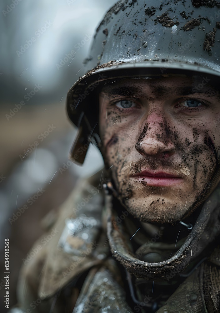 Wall mural Portrait of a young soldier in a German military helmet during World War II