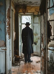 Man in a vintage suit standing in an abandoned room