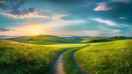 Fototapeta premium Picturesque winding path through a green grass field in hilly area in morning at dawn against blue sky with clouds. Natural panoramic spring summer landscape.