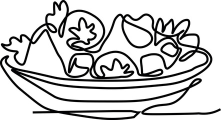 One single line drawing of fresh healthy vegetables salad logo vector graphic illustration. Organic food cafe menu and restaurant badge concept. Modern continuous line draw design street food.eps