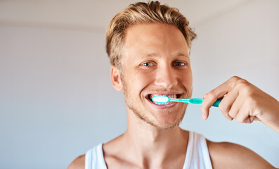 Dental care, portrait and man brushing teeth in home for health, wellness and morning routine....