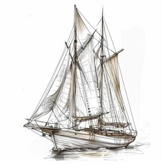 Hand sketch of a vintage sailing ship over white background