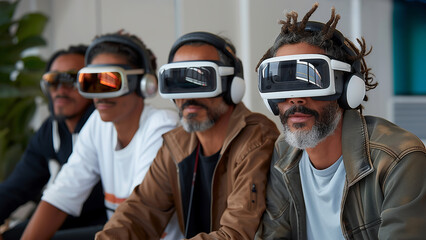 artistic people, wearing VR headsets. dressed in casual attire, seated side by side in a modern room, suggesting an artistic collaborative virtual experience