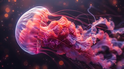 Obraz premium Close-up of a glowing pink jellyfish in the ocean.