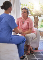 Obraz premium Woman, caregiver and holding hands for support in clinic for senior patient, sympathy or empathy by consultation of medical results. Healthcare, trust or hope of counselling together at nursing home