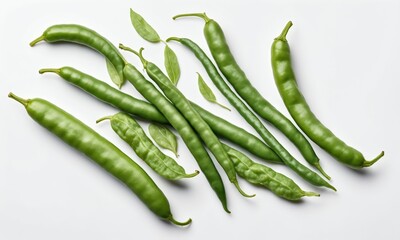 Green chili peppers and leaves arranged on a white background